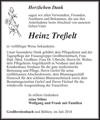 Traueranzeige von Heinz Treßelt von Südthüringer Presse
