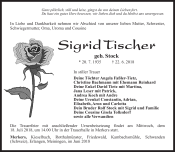 Traueranzeige von Sigrid Tischer von Südthüringer Presse