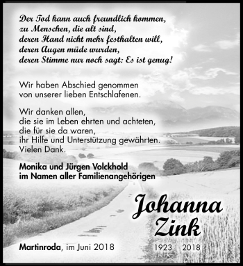 Traueranzeige von Johanna Zink von Südthüringer Presse