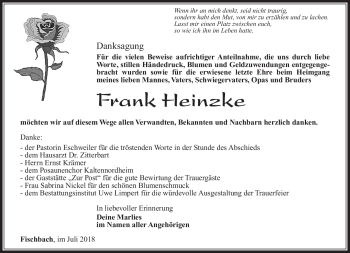 Traueranzeige von Frank Heinzke von Südthüringer Presse