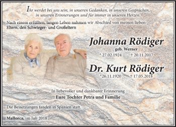 Traueranzeige von JohannaDr. Kurt RödigerRödiger von Südthüringer Presse