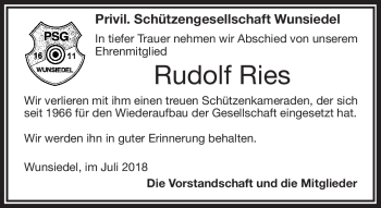 Traueranzeige von Rudolf Ries von Frankenpost