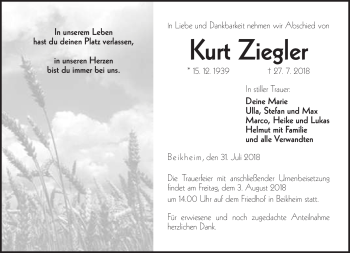 Traueranzeige von Kurt Ziegler von Neue Presse Coburg