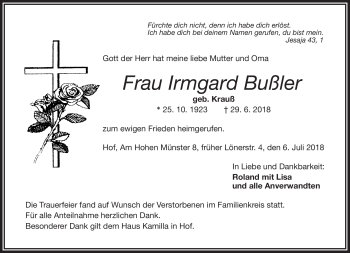 Traueranzeige von Irmgard Bußler von Frankenpost