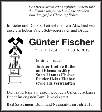Traueranzeige von Günter Fischer von Südthüringer Presse