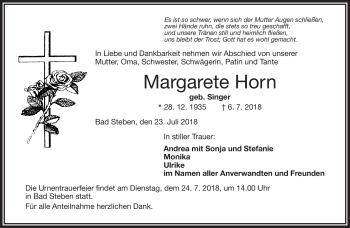 Traueranzeige von Margarete Horn von Frankenpost