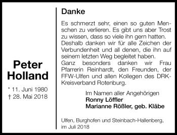 Traueranzeige von Peter Holland von Südthüringer Presse