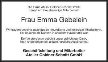 Traueranzeige von Emma Gebelein von Frankenpost