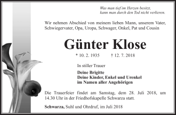 Traueranzeige von Günter Klose von Südthüringer Presse