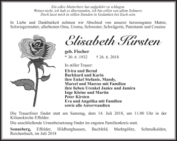 Traueranzeige von Elisabeth Kirsten von Südthüringer Presse