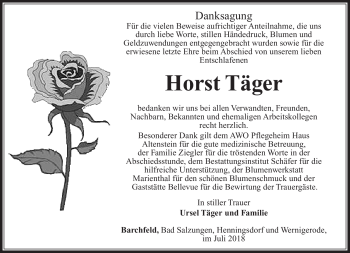 Traueranzeige von Horst Täger von Südthüringer Presse