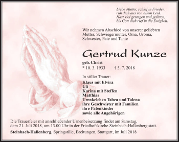 Traueranzeige von Gertrud Kunze von Südthüringer Presse