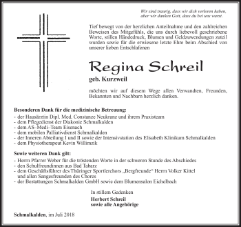 Traueranzeige von Regina Schreil von Südthüringer Presse
