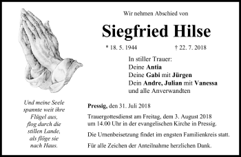 Traueranzeige von Siegfried Hilse von Neue Presse Coburg