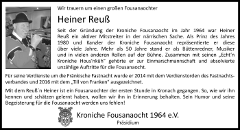 Traueranzeige von Heiner Reuß von Neue Presse Coburg