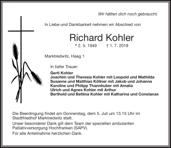 Traueranzeige von Richard Kohler von Frankenpost