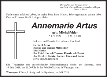 Traueranzeige von Annemarie Artus von Südthüringer Presse