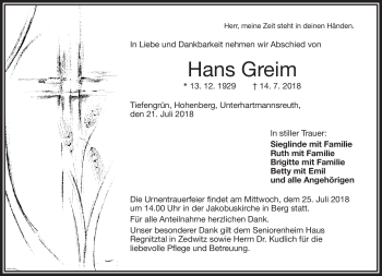 Traueranzeige von Hans Greim von Frankenpost