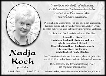 Traueranzeige von Nadja Koch von Südthüringer Presse