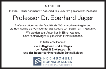 Traueranzeige von Eberhard Jäger von Südthüringer Presse