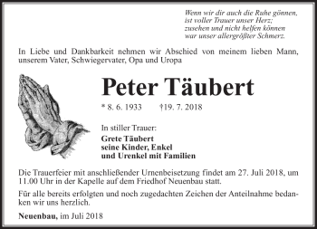 Traueranzeige von Peter Täubert von Südthüringer Presse
