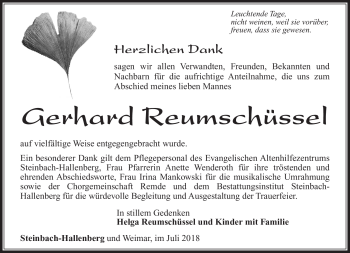 Traueranzeige von Gerhard Reumschüssel von Südthüringer Presse
