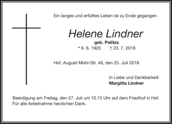 Traueranzeige von Helene Lindner von Frankenpost
