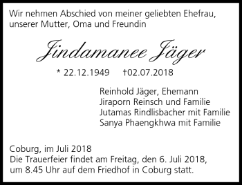 Traueranzeige von Jindamanee Jäger von Neue Presse Coburg