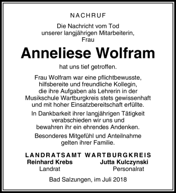 Traueranzeige von Anneliese Wolfram von Südthüringer Presse