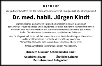 Traueranzeige von Jürgen Kindt von Südthüringer Presse
