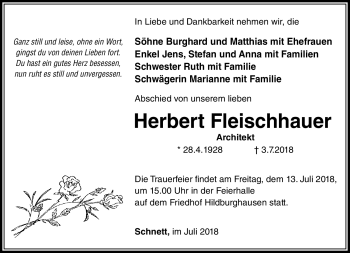 Traueranzeige von Herbert Fleischhauer von Südthüringer Presse