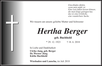 Traueranzeige von Hertha Berger von Südthüringer Presse