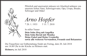 Traueranzeige von Arno Hopfer von Südthüringer Presse