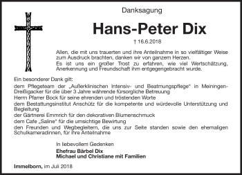 Traueranzeige von Hans-Peter Dix von Südthüringer Presse