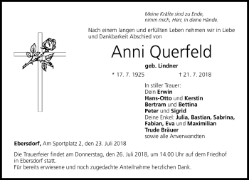 Traueranzeige von Anni Querfeld von Neue Presse Coburg
