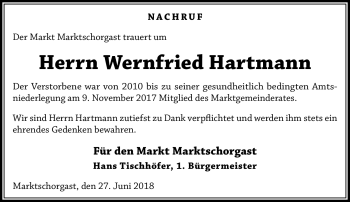 Traueranzeige von Wernfried Hartmann von Frankenpost