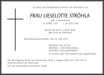 Traueranzeige von Lieselotte Ströhla von Frankenpost