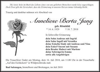 Traueranzeige von Anneliese Berta Jung von Südthüringer Presse