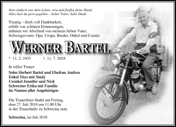 Traueranzeige von Werner Bartel von Südthüringer Presse