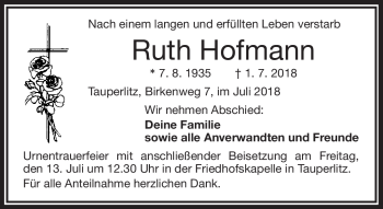 Traueranzeige von Ruth Hofmann von Frankenpost