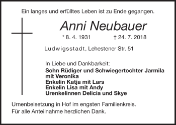 Traueranzeige von Anni Neubauer von Neue Presse Coburg