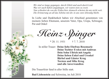 Traueranzeige von Heinz Spinger von Südthüringer Presse