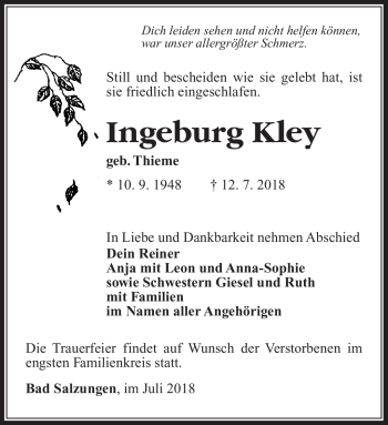 Traueranzeige von Ingeburg Kley von Südthüringer Presse