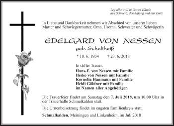 Traueranzeige von Edelgard von Nessen von Südthüringer Presse