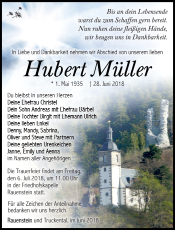 Traueranzeige von Hubert Müller von Südthüringer Presse