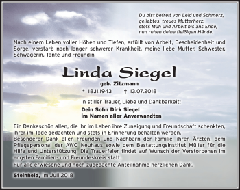 Traueranzeige von Linda Siegel von Südthüringer Presse