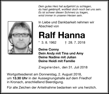 Traueranzeige von Ralf Hanna von Neue Presse Coburg