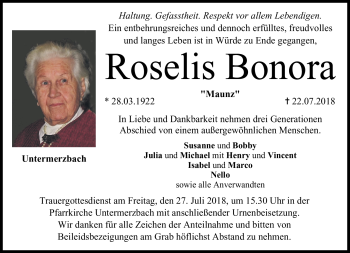 Traueranzeige von Roselis Bonora von Neue Presse Coburg