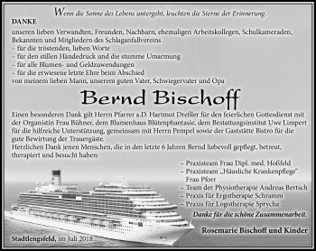 Traueranzeige von Bernd Bischoff von Südthüringer Presse