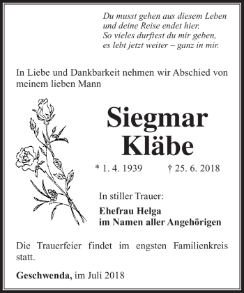Traueranzeige von Siegmar Kläbe von Südthüringer Presse